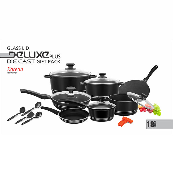 Sonex Deluxe Plus Gift Pack – 18 Pieces, Die-Cast PTFE Non-Stick Coating with Glass Lid