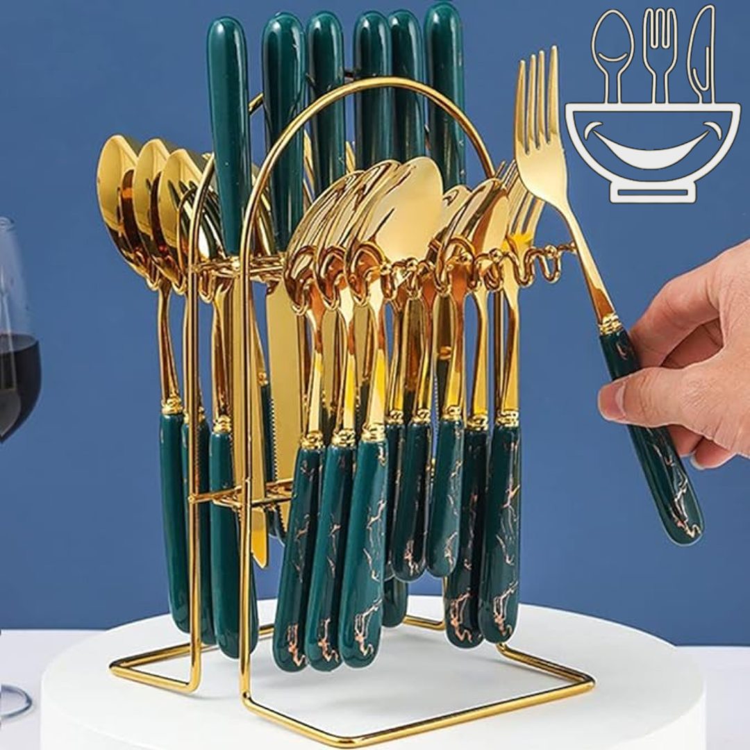 Luxury Original Marble 24-Piece Gold Cutlery Set with Holder