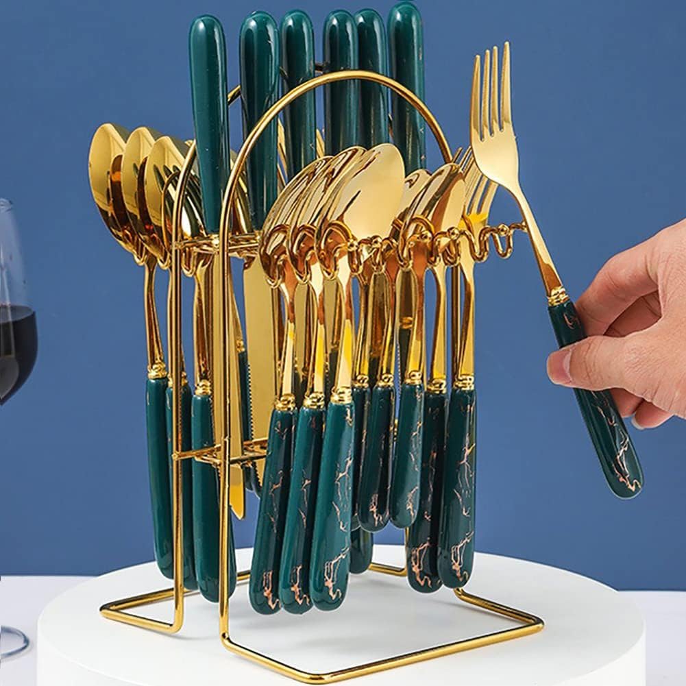 Luxury Original Marble 24-Piece Gold Cutlery Set with Holder