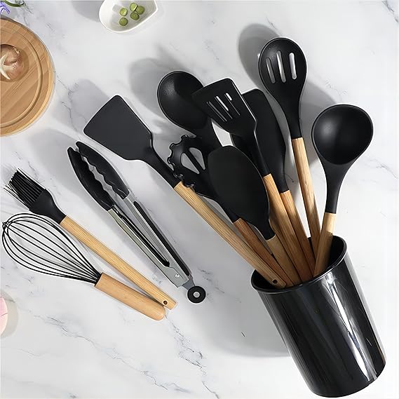 12-Piece Silicone Kitchen Cookware Set with Wooden Handles and Storage Box
