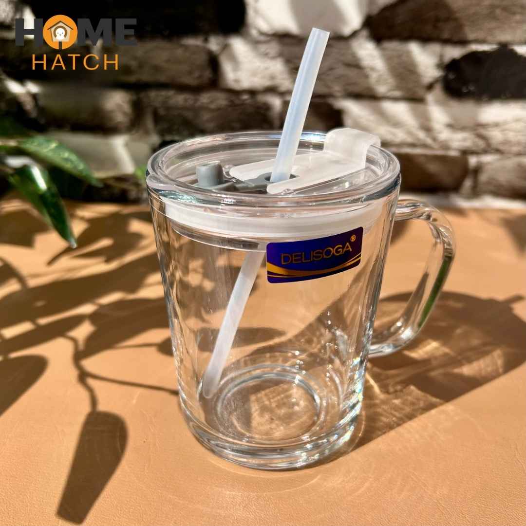 Delisoga Glass Coffee Mug With AIrtight Lid and Silicone Straw