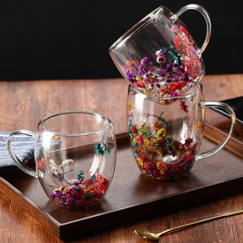 Aesthetic Flowers and  Feather Inside  Double Walled Filled Glass Mugs
