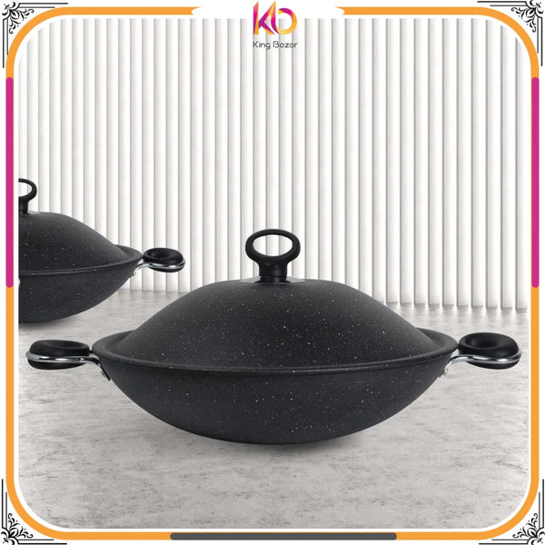 Marble Coated Queen Wok (Karahi) – Black | Premium Non-Stick Deep Cooking Wok