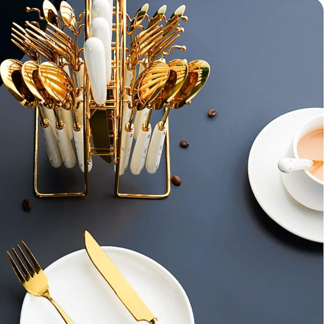 Luxury Original Marble 24-Piece Gold Cutlery Set with Holder