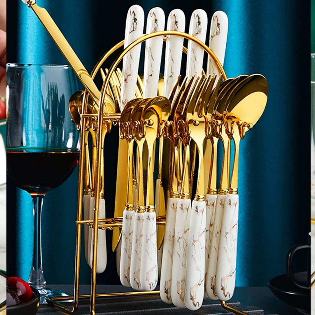 Luxury Original Marble 24-Piece Gold Cutlery Set with Holder