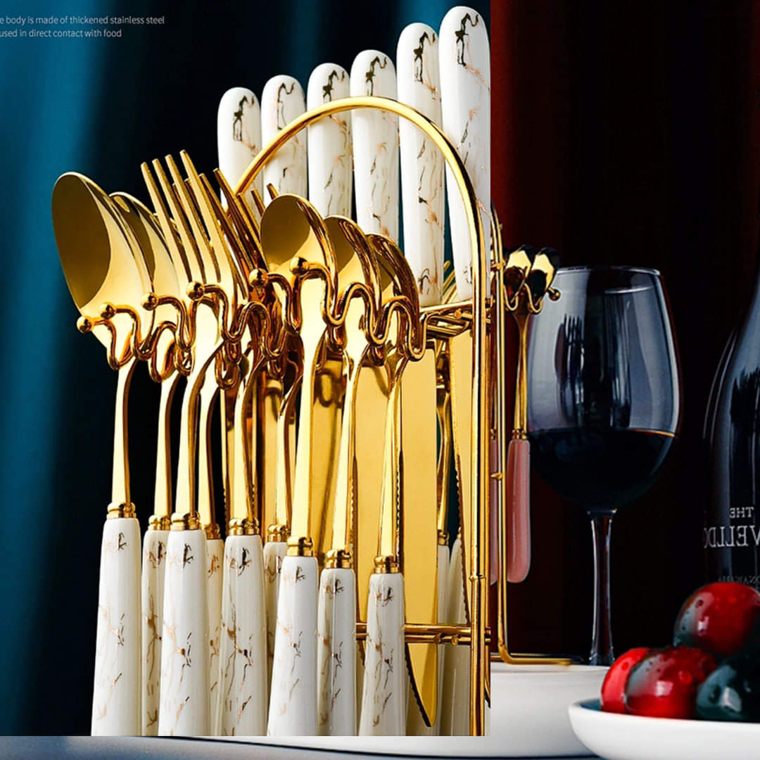 Luxury Original Marble 24-Piece Gold Cutlery Set with Holder