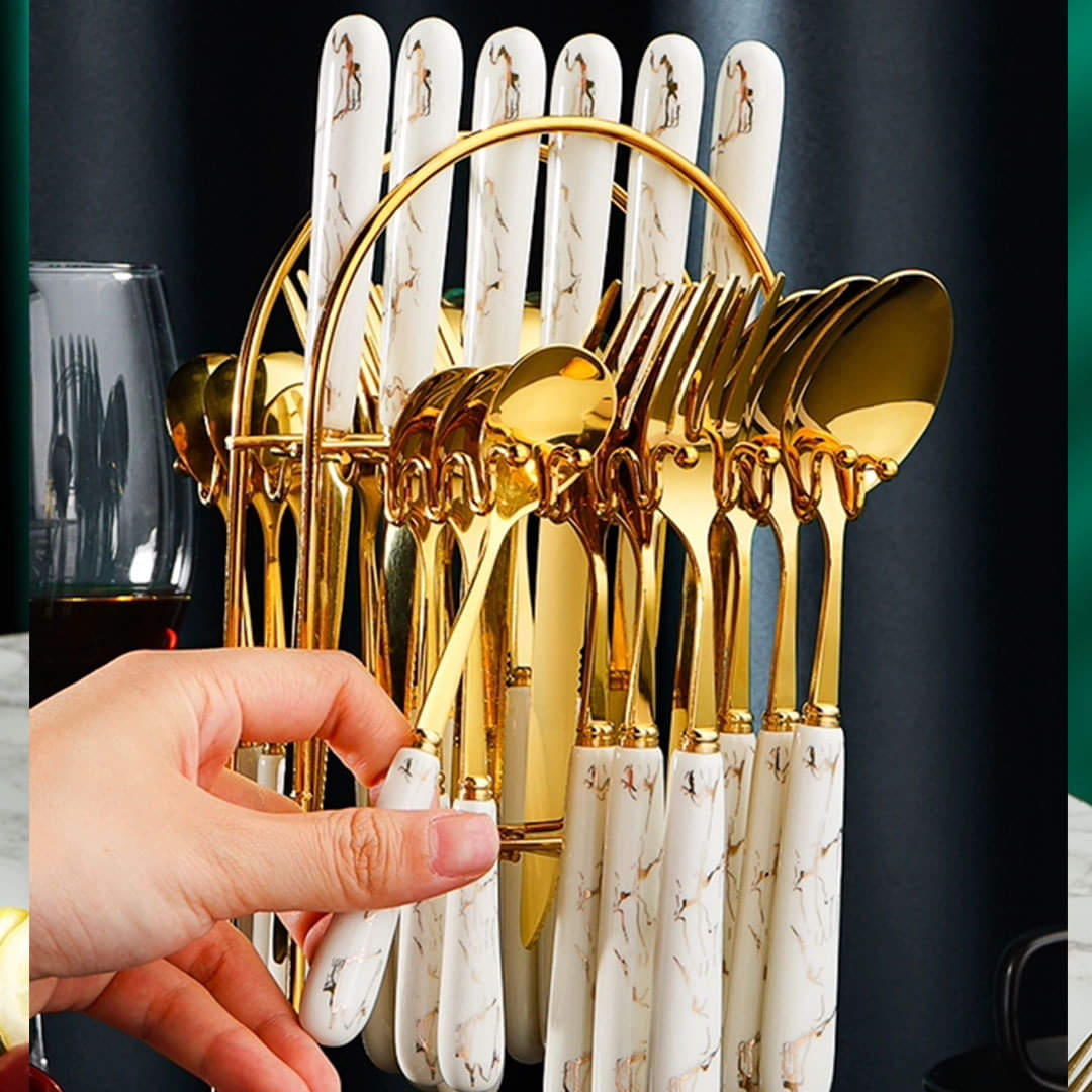 Luxury Original Marble 24-Piece Gold Cutlery Set with Holder