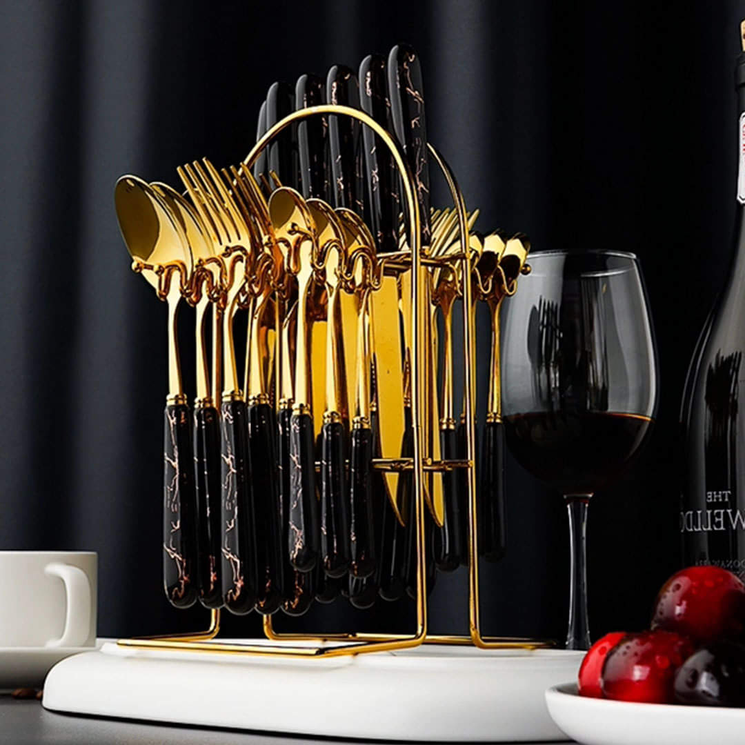 Luxury Original Marble 24-Piece Gold Cutlery Set with Holder