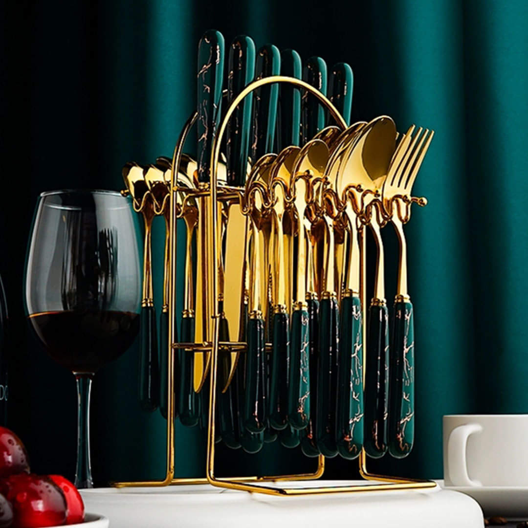 Luxury Original Marble 24-Piece Gold Cutlery Set with Holder