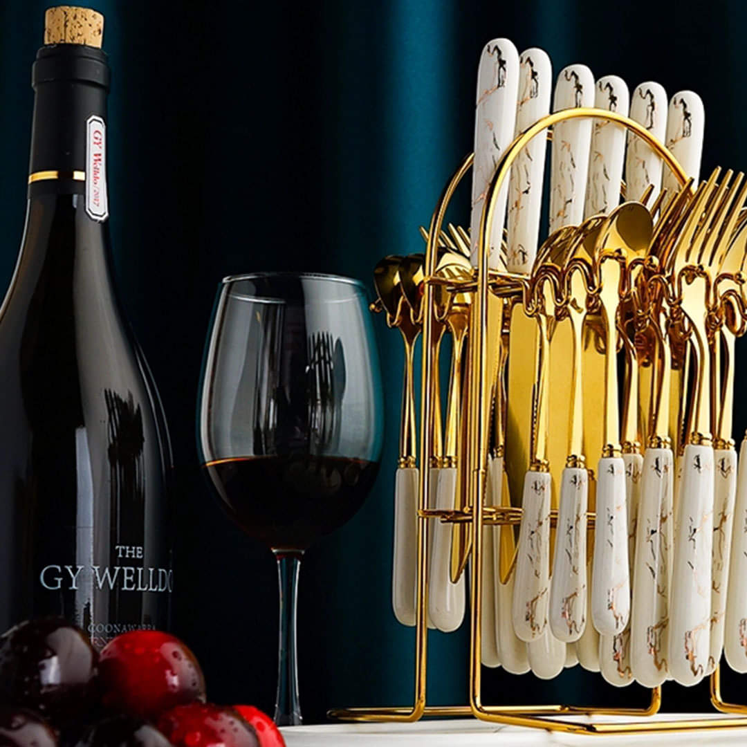 Luxury Original Marble 24-Piece Gold Cutlery Set with Holder