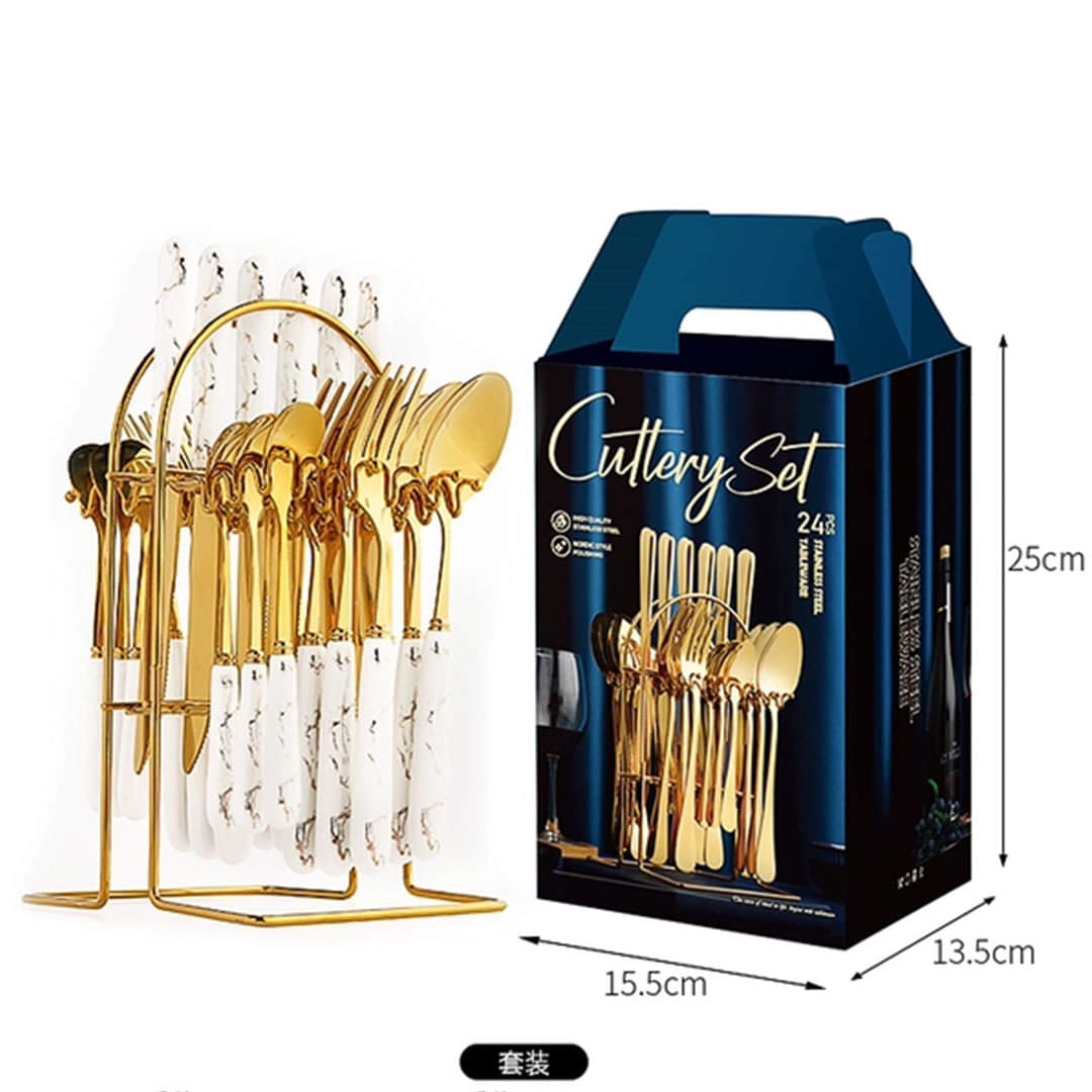 Luxury Original Marble 24-Piece Gold Cutlery Set with Holder