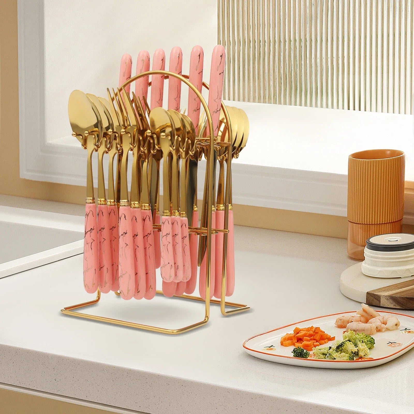Luxury Original Marble 24-Piece Gold Cutlery Set with Holder